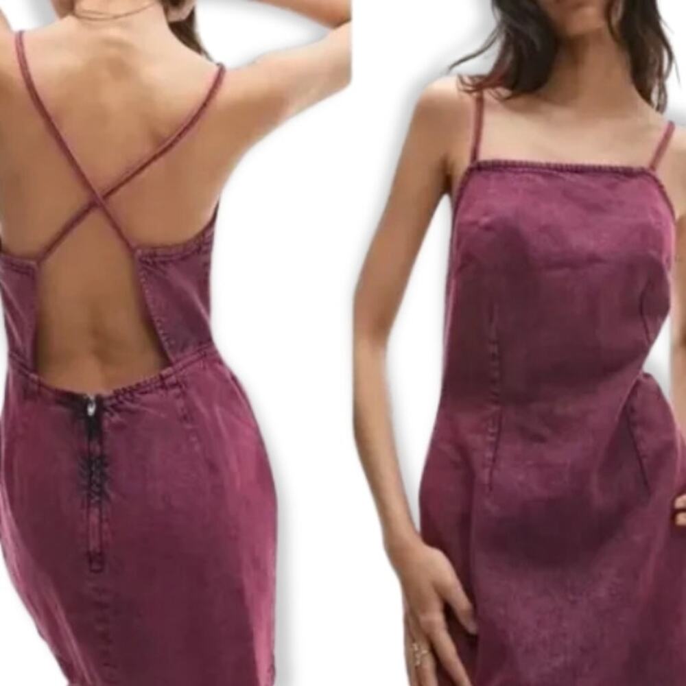 Topshop Mini Denim Dress Over Dye Square Neckline Thin Straps Pink W Size 8 NWOT